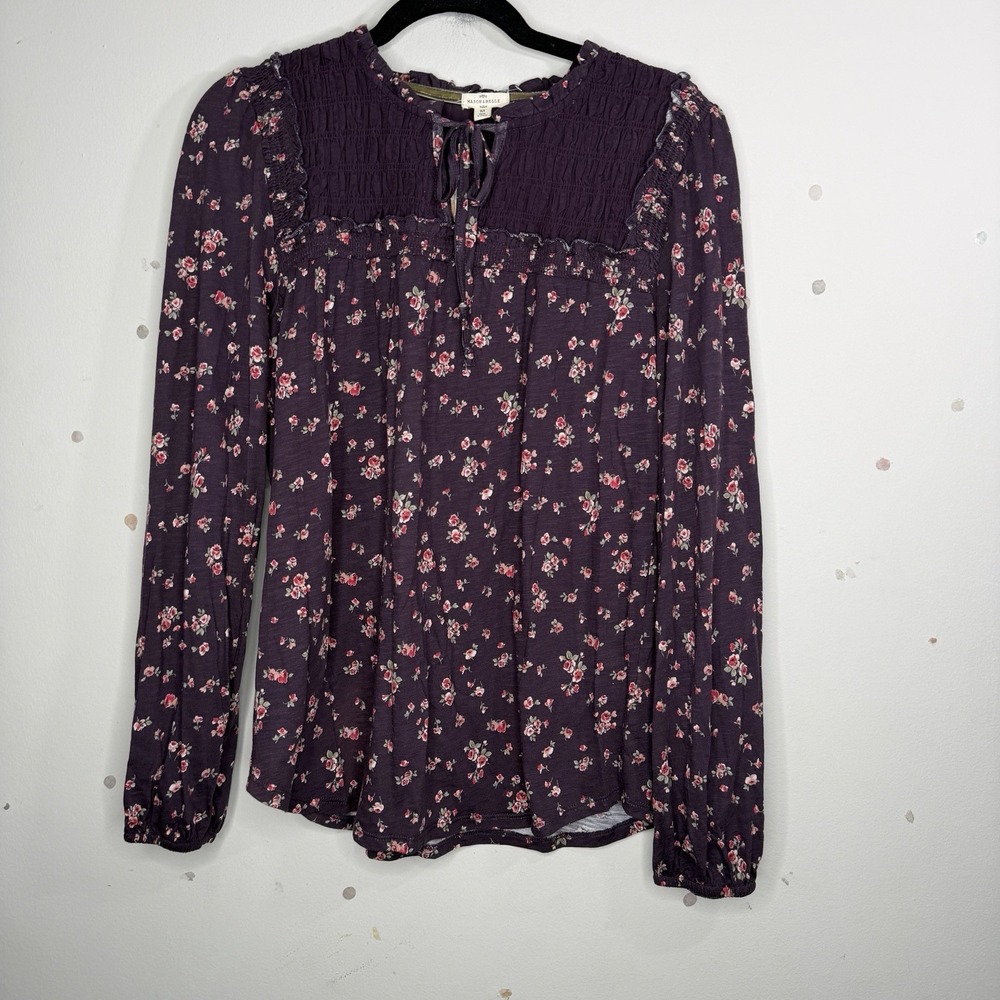 Mason & Belle MED Plum Floral Button Blouse Long Sleeve Boho Peasant Top Cottage